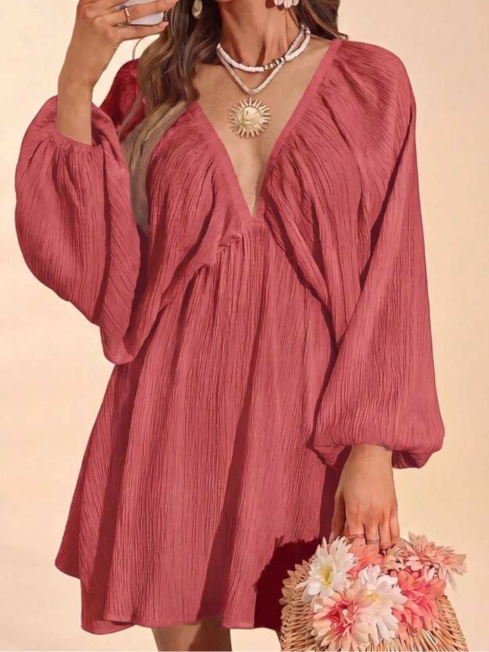 Open-Back Crinkle Mini Dress in Dusty Rose